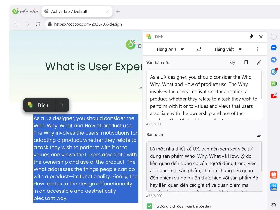 Dịch văn bản và tra từ điển tức thì khi lướt web